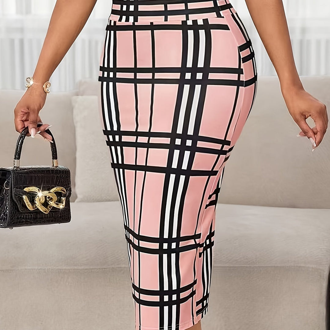 Plaid Print High Waisted Bodycon Fitted Pencil Midi Skirt