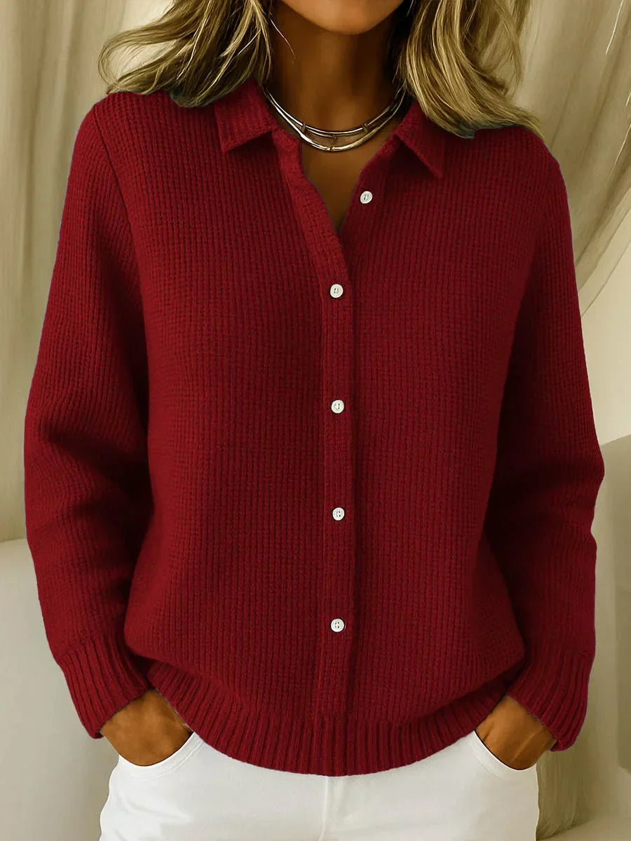Red Cardigan Ribbed Knit Collared Button Front