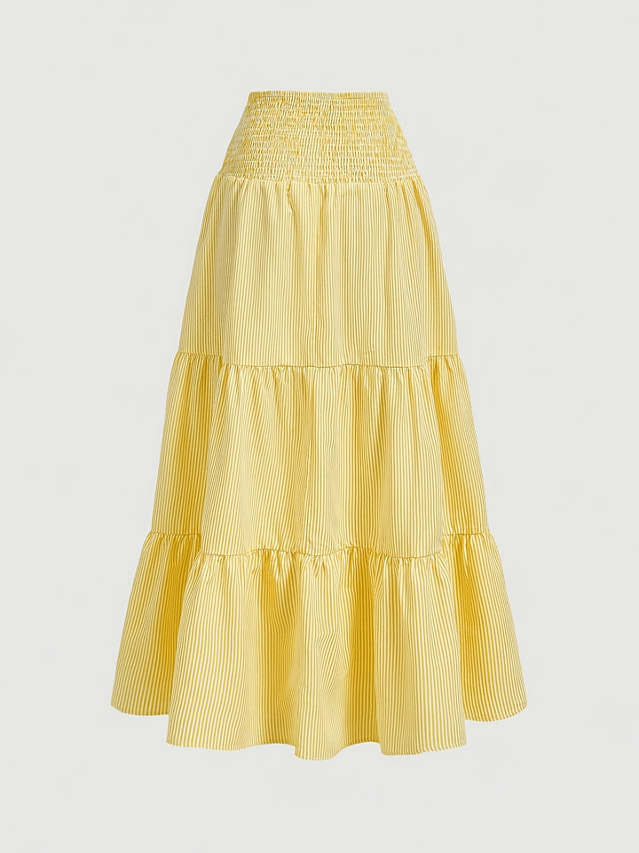 Yellow Skirts Smocked High Waist Tiered Pinstripe Maxi
