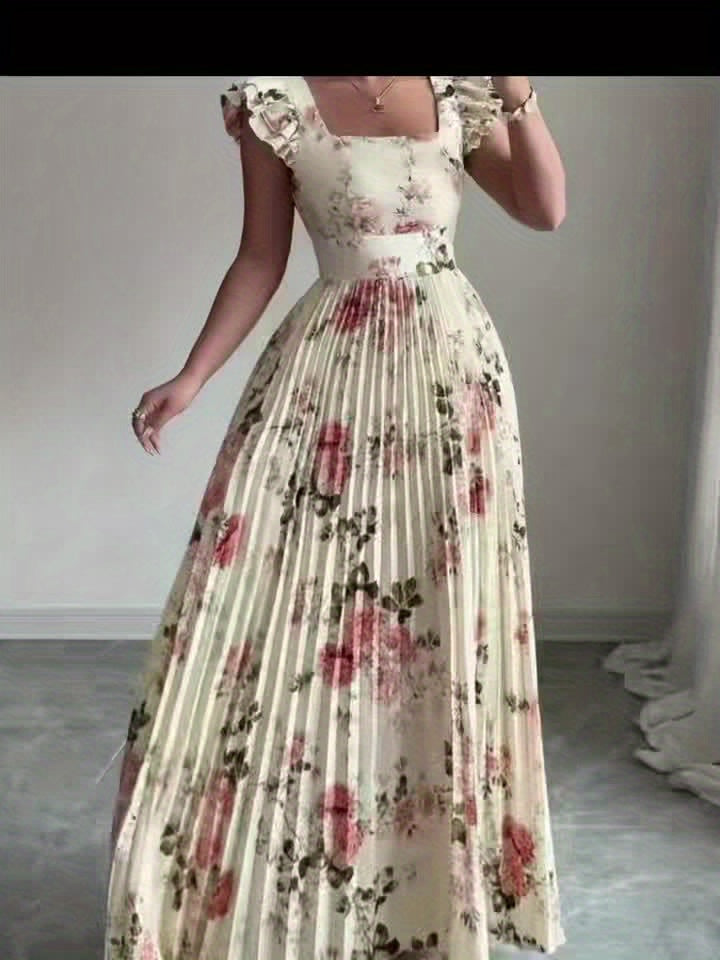 Ivory Floral Square Neck Ruffle Sleeve Pleated A Line Maxi Wedding Guest Dress