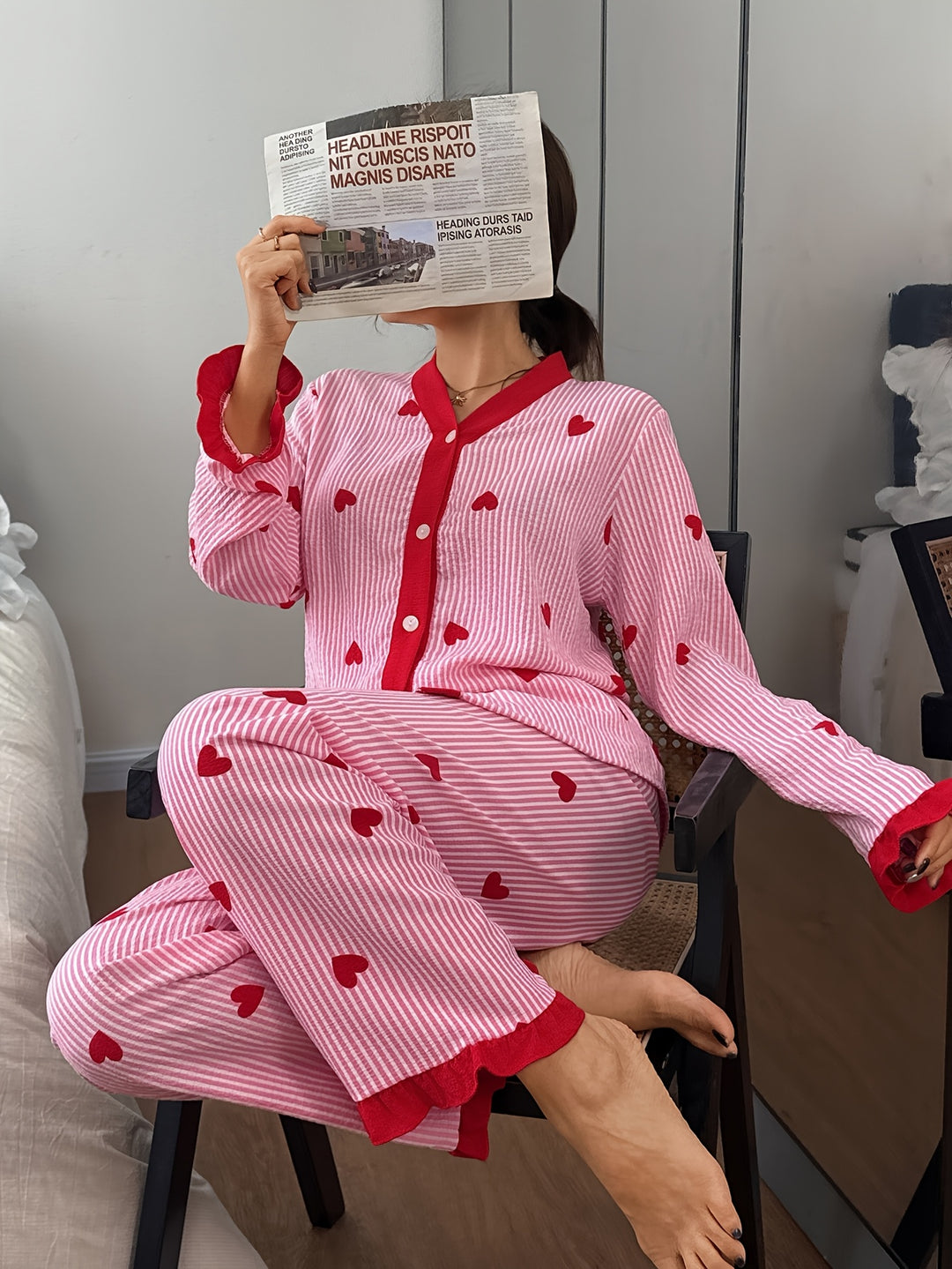 Effortless Heart Pajamas for Women with V Neck Long Sleeve Contrast Cuff Casual Style