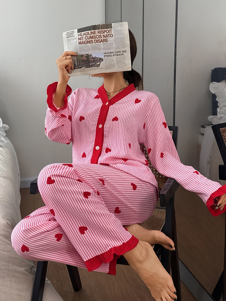 Effortless Heart Pajamas for Women with V Neck Long Sleeve Contrast Cuff Casual Style