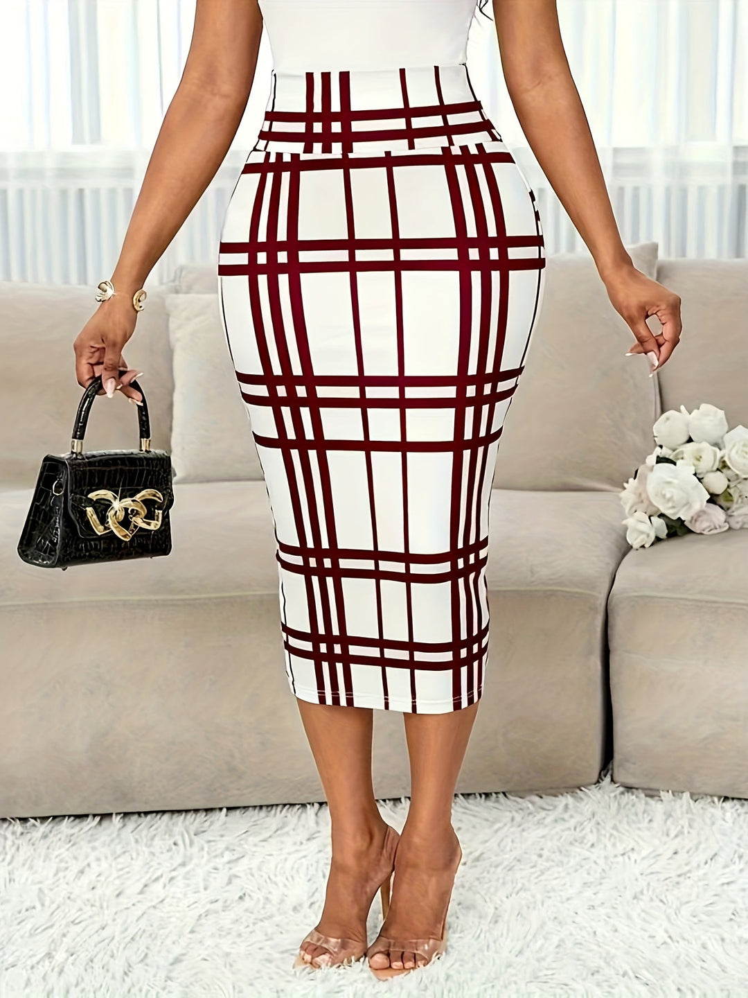 Plaid Print High Waisted Bodycon Fitted Pencil Midi Skirt