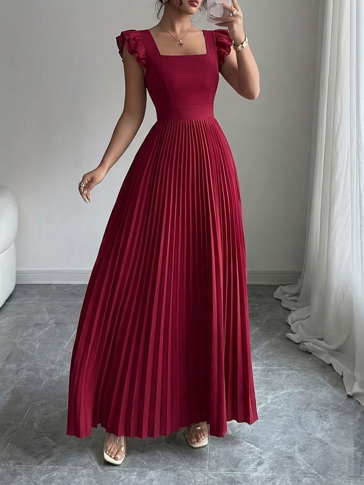Ivory Floral Square Neck Ruffle Sleeve Pleated A Line Maxi Wedding Guest Dress