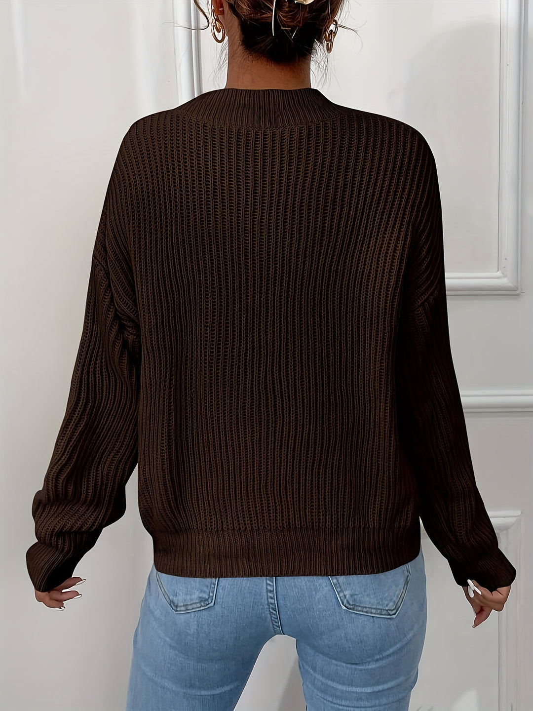 Soft Dark Brown Fall Sweater for Women with V-neck