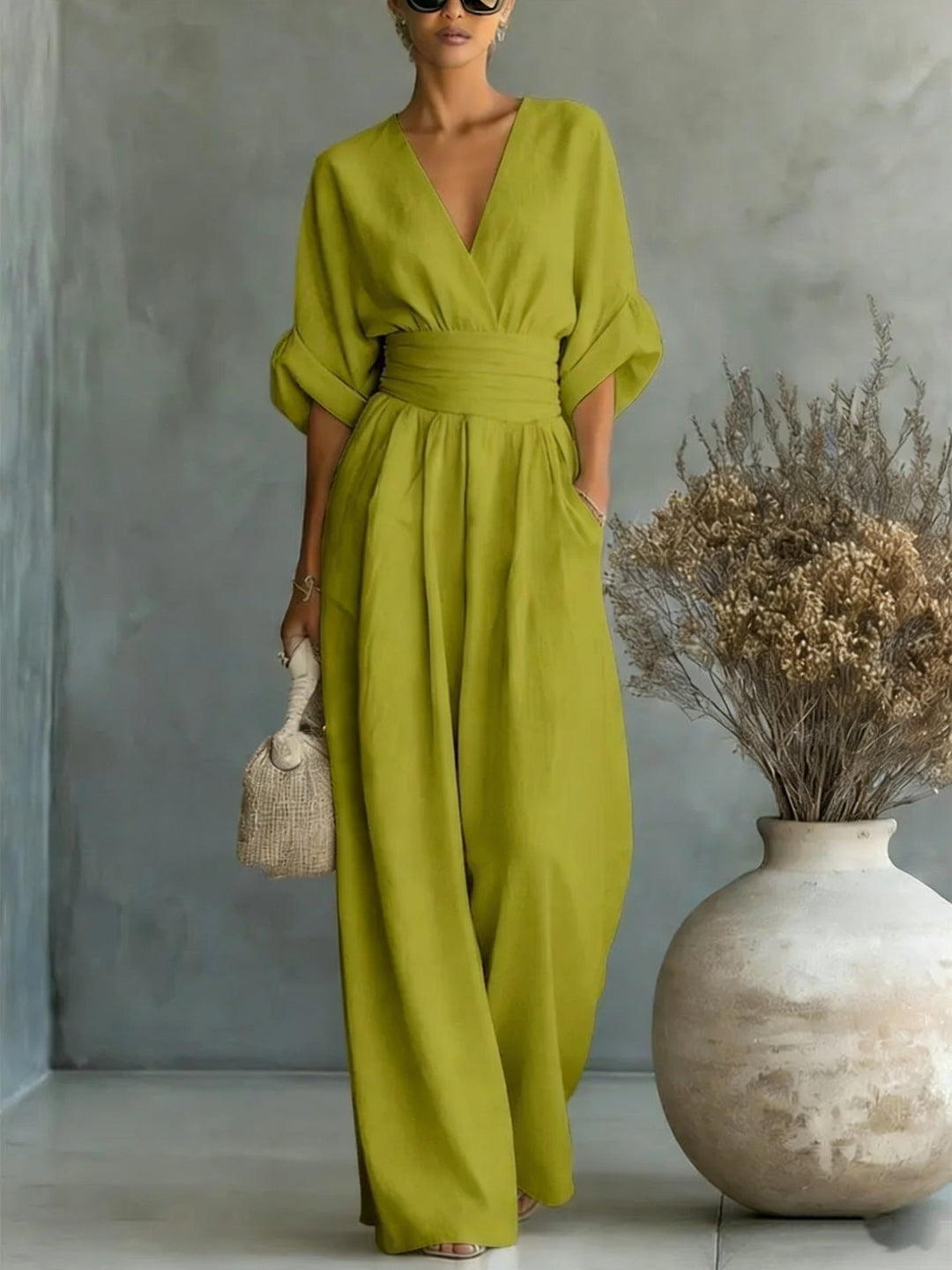 Tallulah | Women Wide Leg V Neck Linen Jumpsuit
