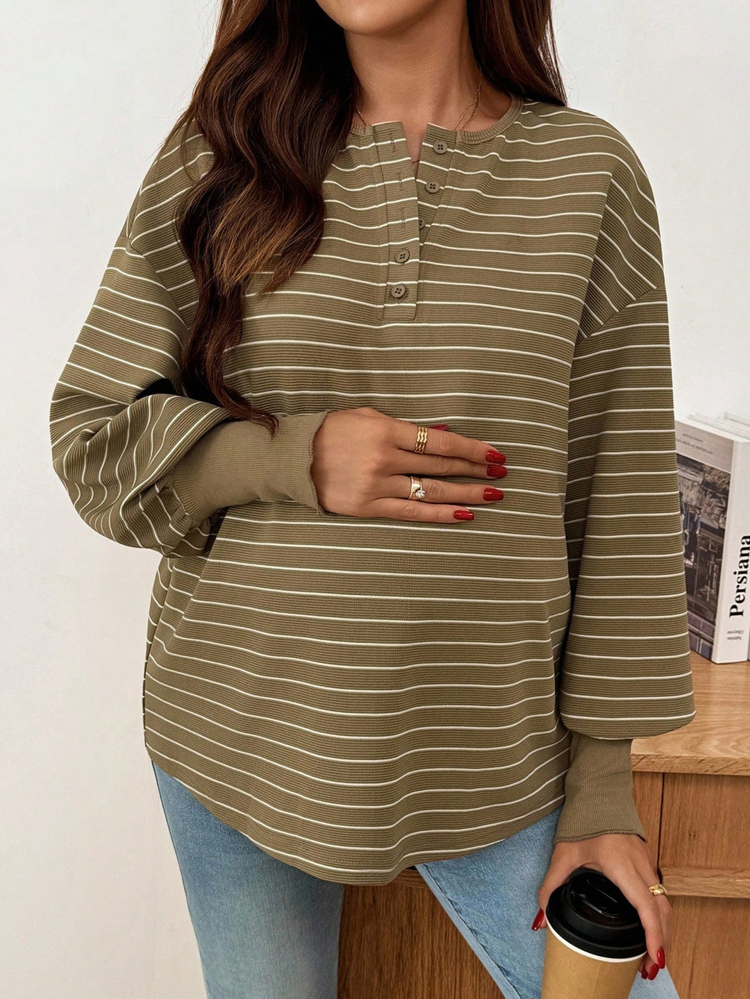 Elegant Green Stripe Knit Maternity Top for Women with Crew Neck Long Sleeve Button Front Plus Size Flowy Style