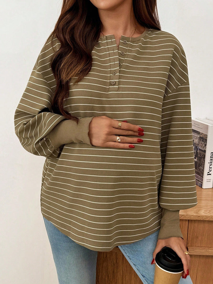 Elegant Green Stripe Knit Maternity Top for Women with Crew Neck Long Sleeve Button Front Plus Size Flowy Style