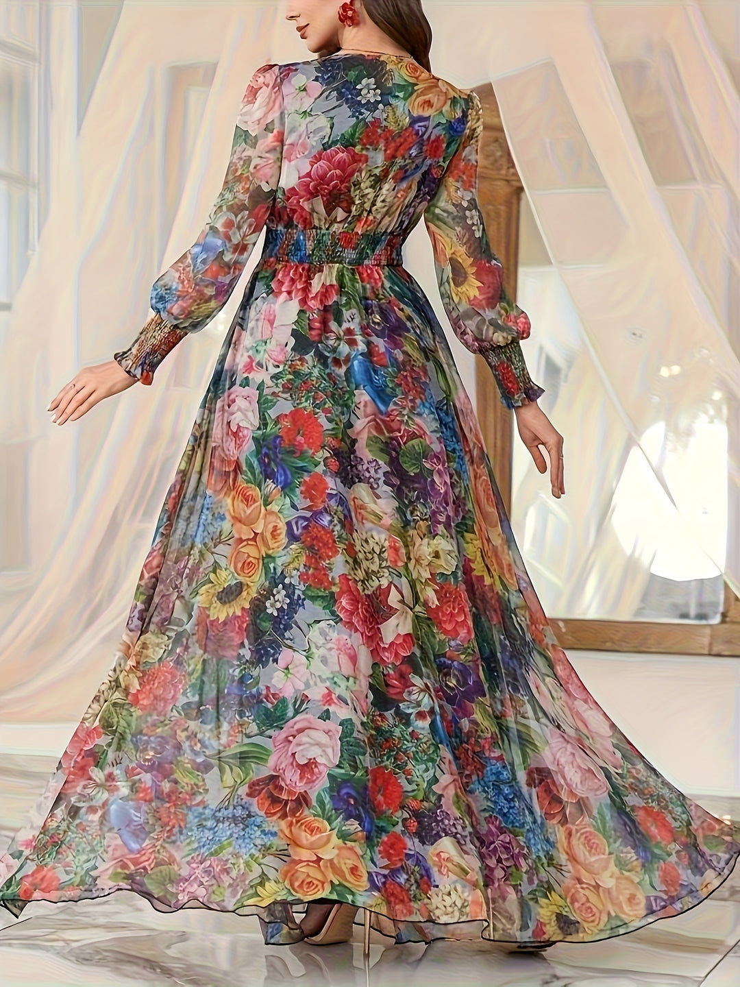 Kailani | Women's Multicolor Floral V Neck Long Sleeve Chiffon Maxi Dress