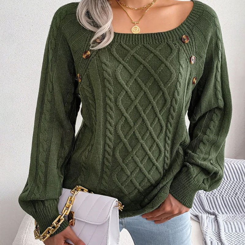 Alysia | Women Button Crew Cable Knit Pullover