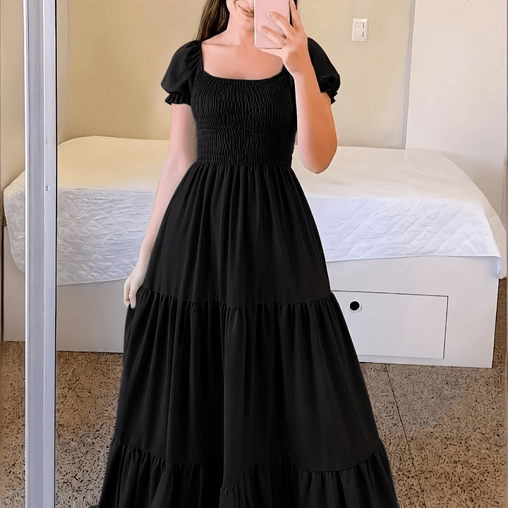 Pilar | Women's Square Neck Short Sleeve Tiered Casual Maxi Smocked Dress