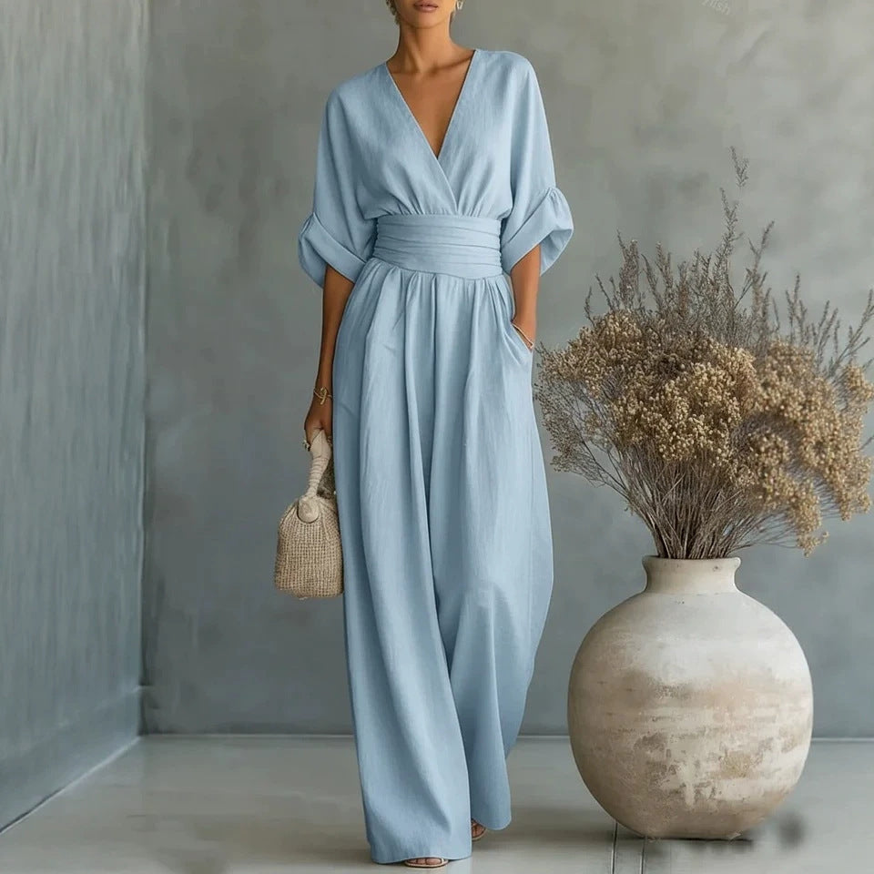 Tallulah | Women Wide Leg V Neck Linen Jumpsuit
