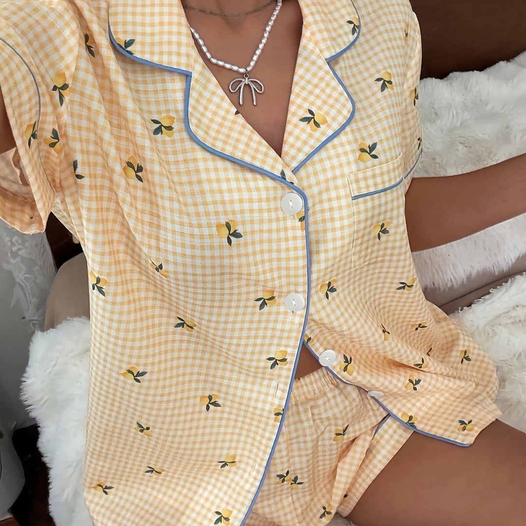 Jillian | Women's Yellow Plaid Button Front Casual Pajama Set