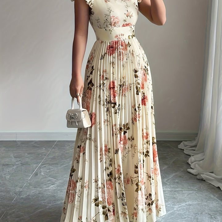 Ivory Floral Square Neck Ruffle Sleeve Pleated A Line Maxi Wedding Guest Dress