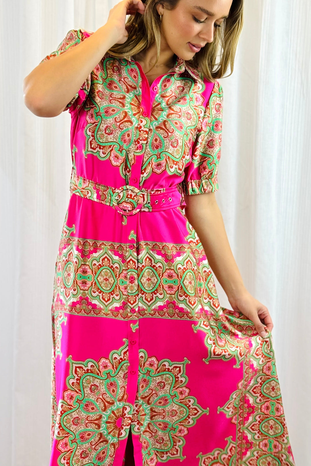 Llinos | Women Paisley Shirt Pink Midi Dress