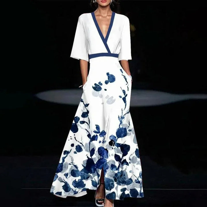 Echo | Women's Floral V Neck Short Sleeve Wrap Front Casual Maxi Pockets Dress
