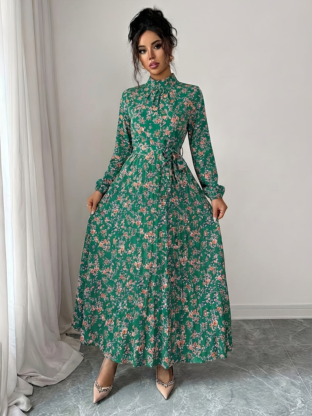 Elegant Floral Long Sleeve Midi Dress for Women with Collared Casual Style