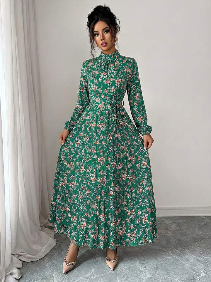 Freya | Women's Floral High Neck Long Sleeve Belted Wedding Guest Dress