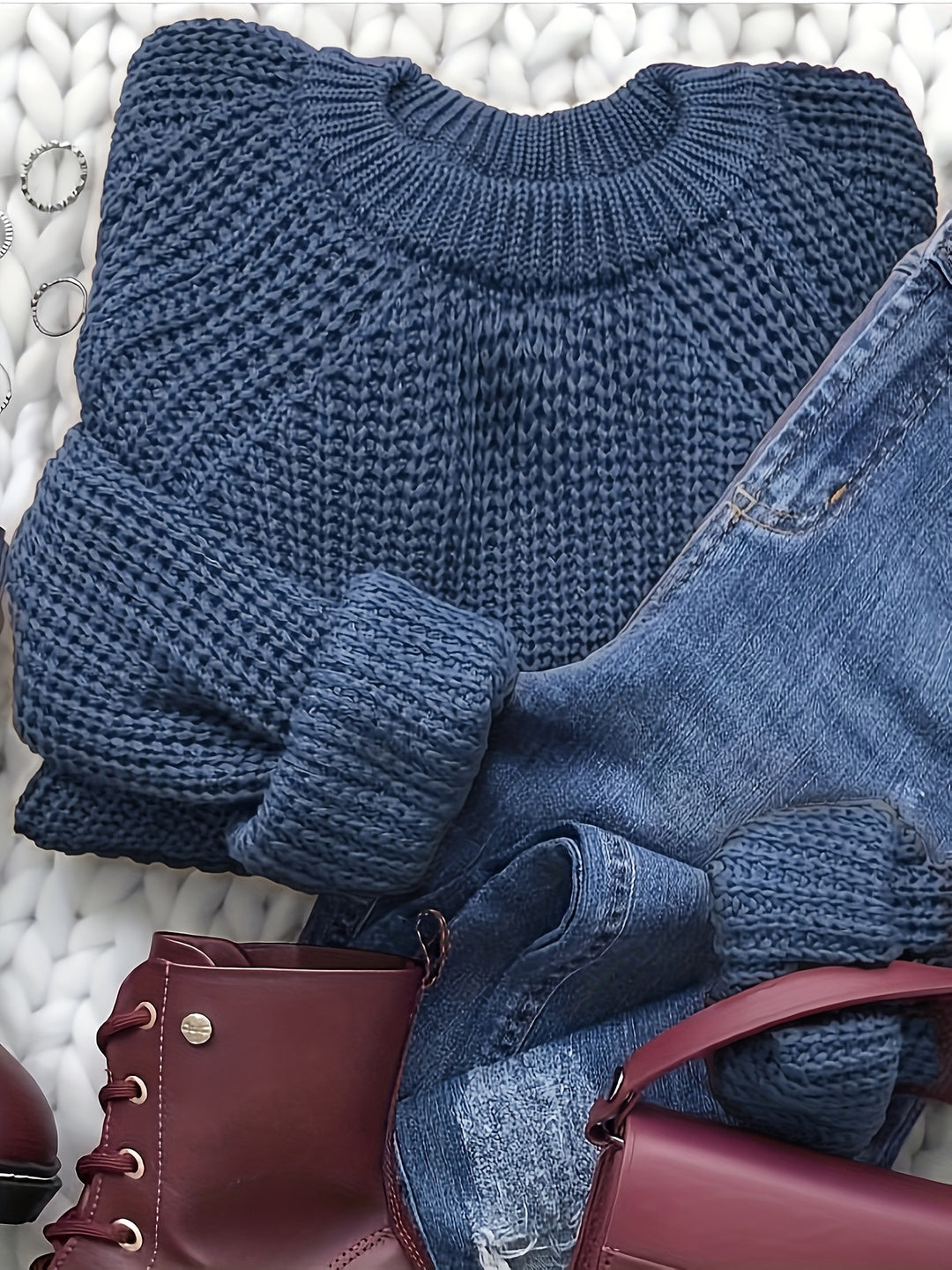 Edith | Women's Knit Oversized Crew Neck Long Sleeve Belted Casual Blouse