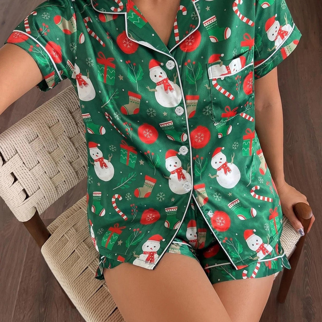 Christmas Pajamas Snowman Print Satin Short Set