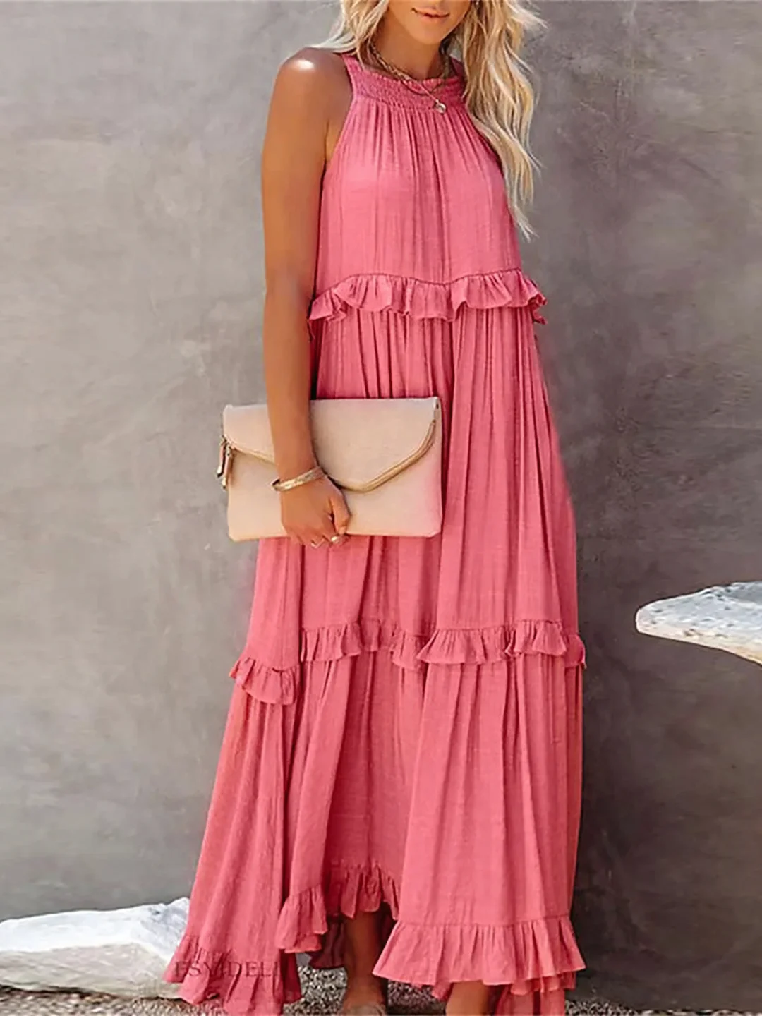 Pink Dress Tiered Ruffle Smocked Halter Maxi