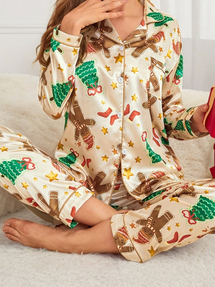 Christmas Pajamas Gingerbread Tree Satin Button Front Set