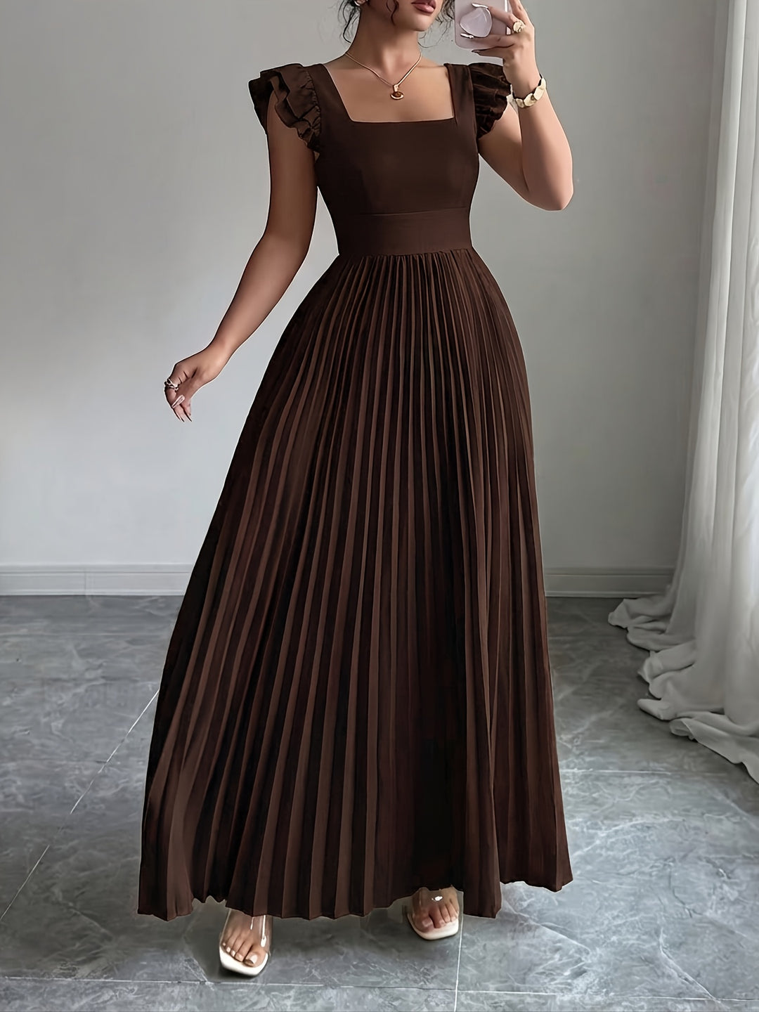 Ivory Floral Square Neck Ruffle Sleeve Pleated A Line Maxi Wedding Guest Dress