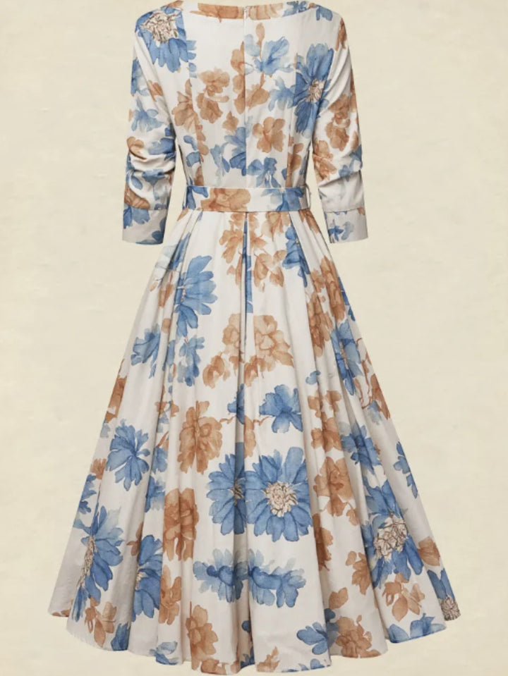 Mirabel | Women's White Floral Square Neck Elbow Sleeve Belted Wedding Guest Pockets Dress