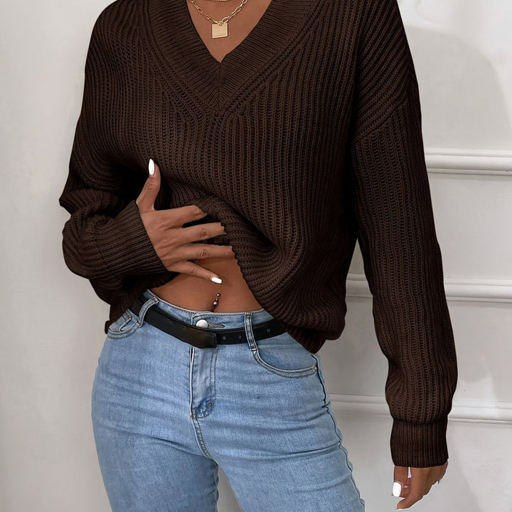 Soft Dark Brown Fall Sweater for Women with V-neck