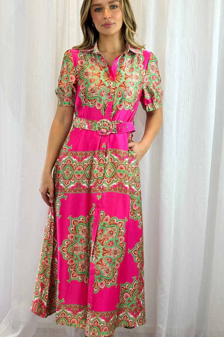 Llinos | Women Paisley Shirt Pink Midi Dress