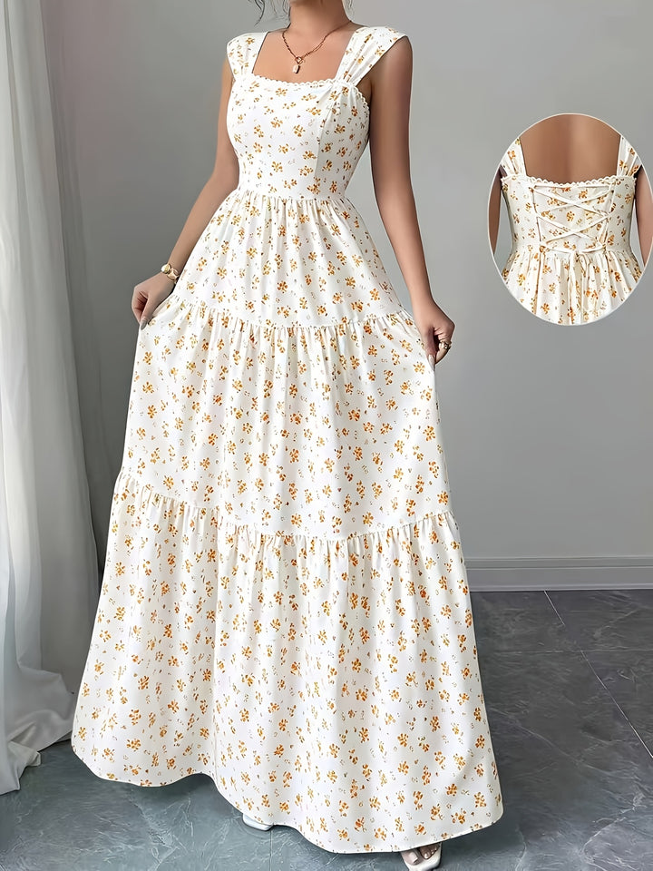 Elegant Floral Maxi Dress for Women with Square Neck Sleeveless Tiered Lace Up Plus Size Flowy Casual Style