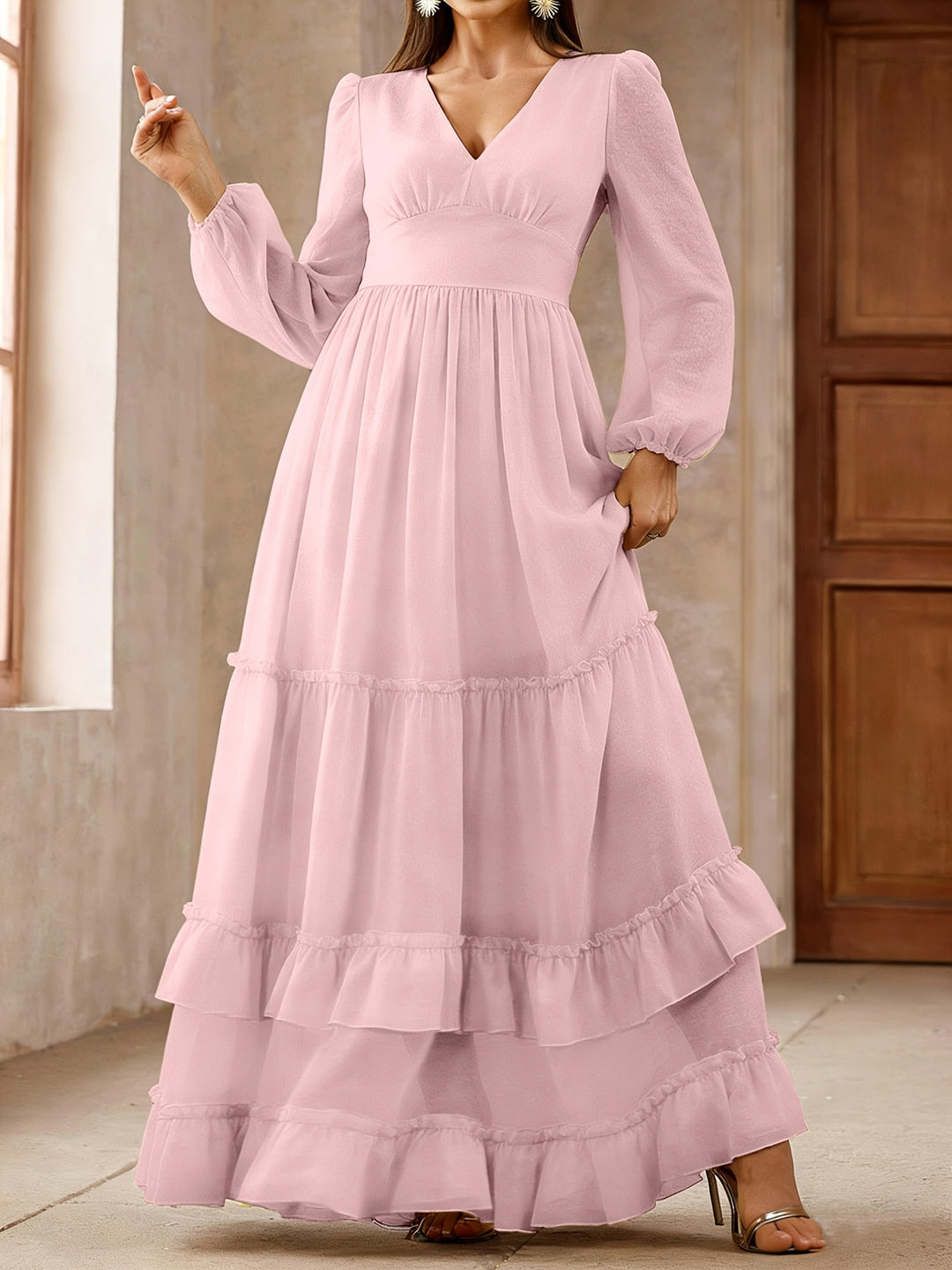 Logan | Women's Chiffon V Neck Long Sleeve Tiered Wedding Guest Dress