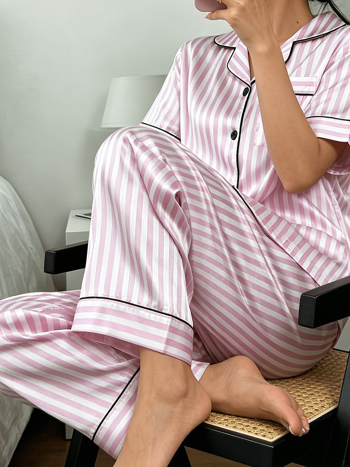 Joanna | Women's Pink Striped Pockets Casual Pajama Set