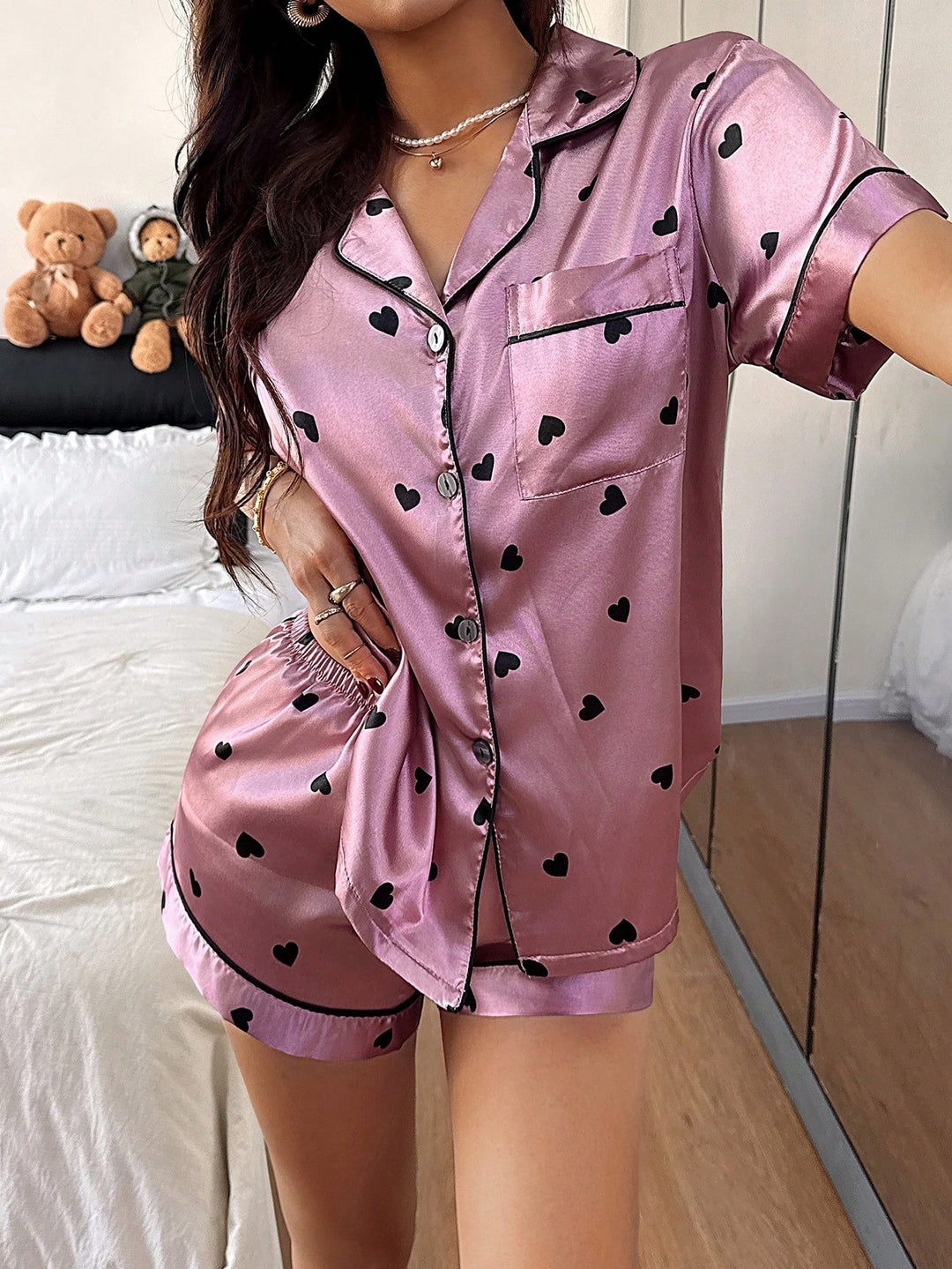 Selene | Women's Pink Satin Casual Sequin Pajama Set