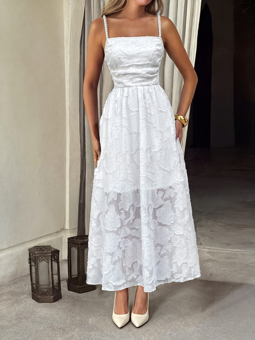 Ellis | Women's White Floral Square Neck Wedding Guest Dress