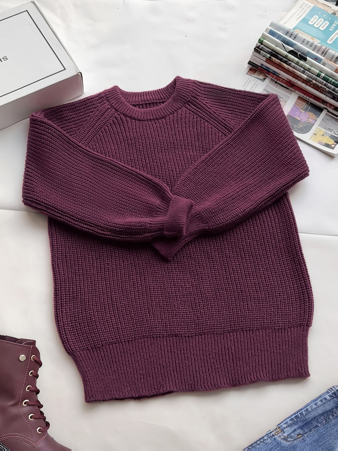 Edith | Women's Knit Oversized Crew Neck Long Sleeve Belted Casual Blouse