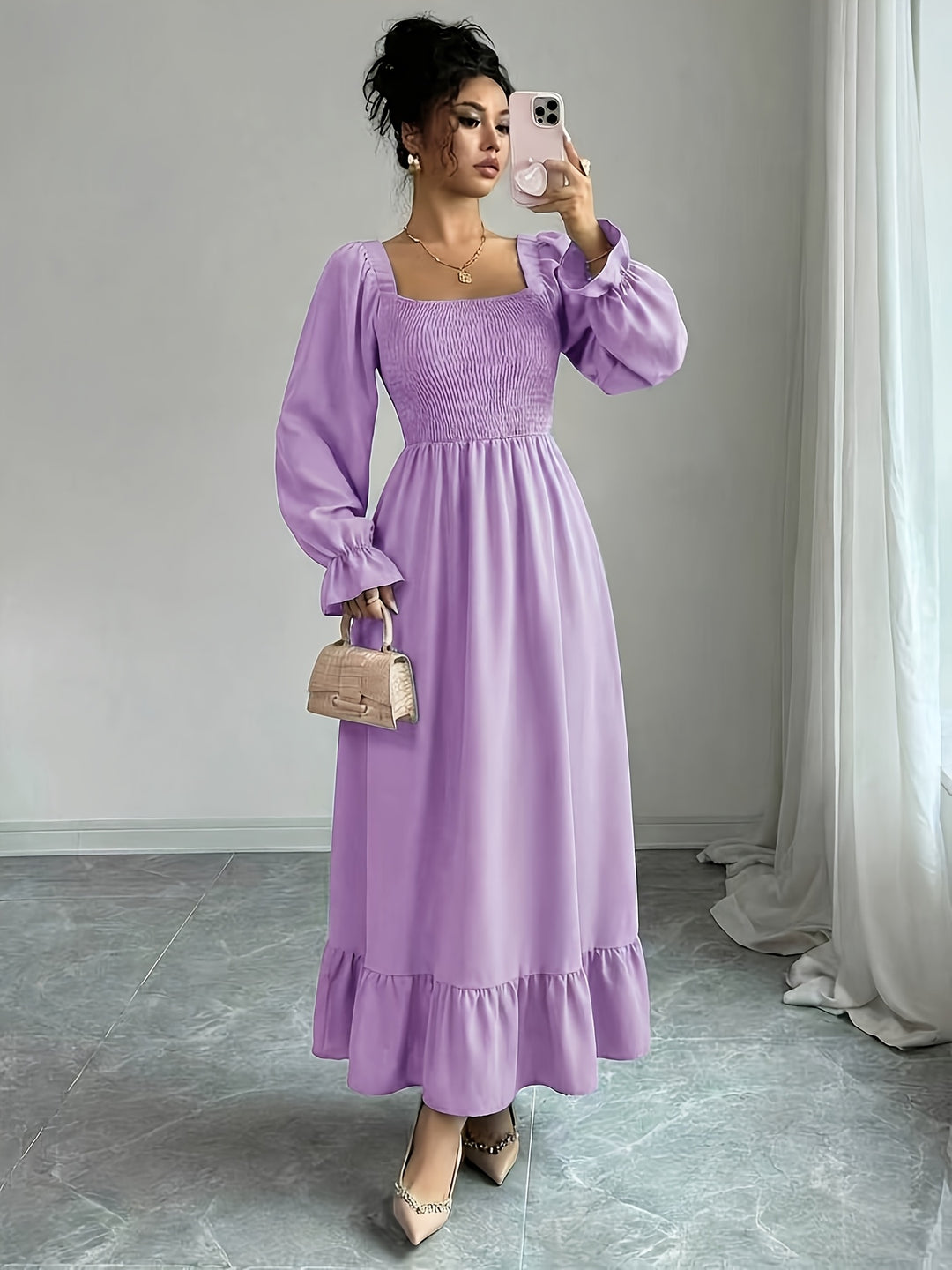 Serena | Women's Flare Square Neck Long Sleeve Evening Gown
