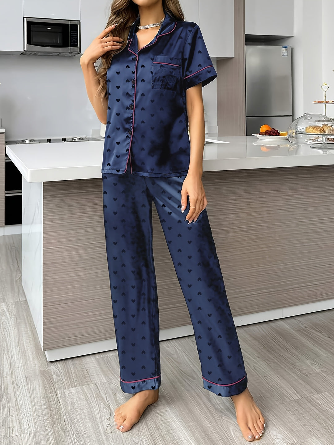 London | Women's Navy Satin Button Front Casual Pajama Sequin Set