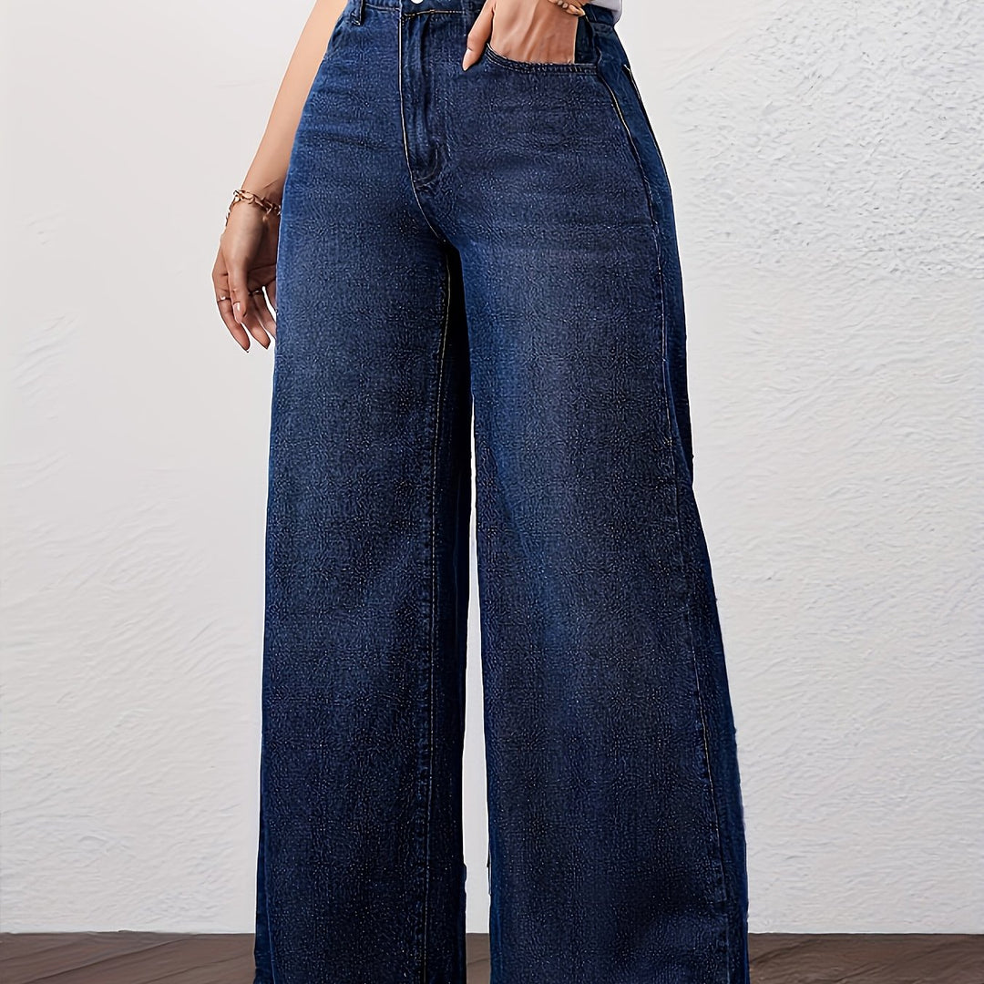 Stylish Blue Denim Wide Leg Jeans for Women with Loose Fit Plus Size Flowy Style