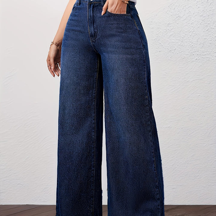 Stylish Blue Denim Wide Leg Jeans for Women with Loose Fit Plus Size Flowy Style