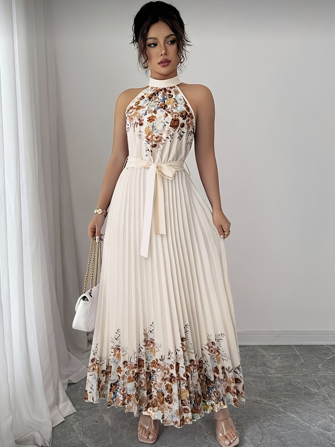 Women's Black Floral Halter Neck Pleated Belted Maxi Wedding Guest Dress