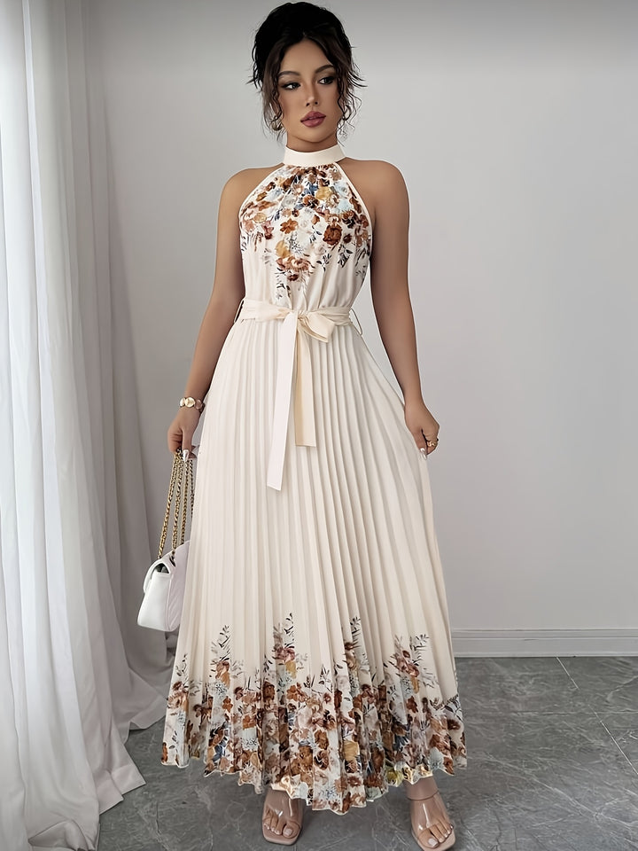 Women's Black Floral Halter Neck Pleated Belted Maxi Wedding Guest Dress