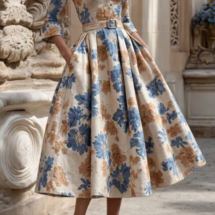 Mirabel | Women's White Floral Square Neck Elbow Sleeve Belted Wedding Guest Pockets Dress