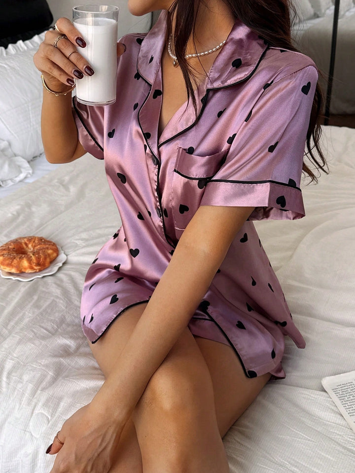 Selene | Women's Pink Satin Casual Sequin Pajama Set