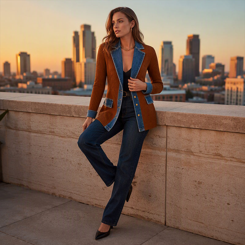 Theophania | Women Ribbed Denim Trim Jacket
