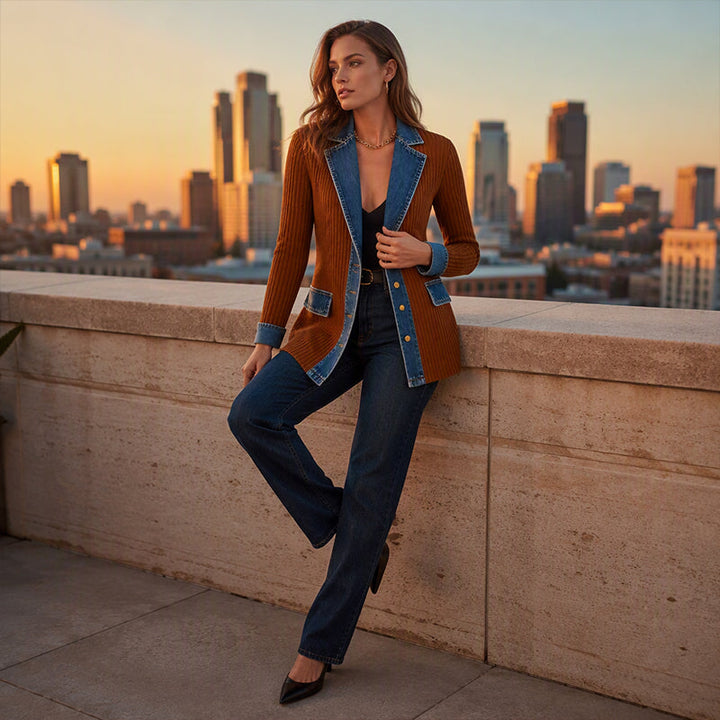 Theophania | Women Ribbed Denim Trim Jacket