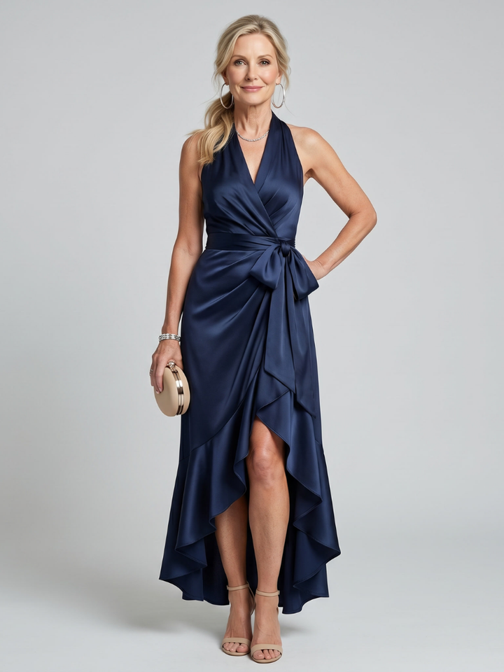 Honora | Women's Navy Blue Satin Halter Wrap Ruffle Midi Dress