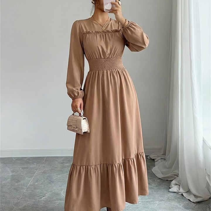 Elegant Red Lace Mother of the Bride Dress for Women with Crew Neck Long Sleeve Smocked Tiered Formal Style
