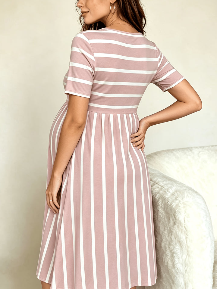 Andrea | Women's Striped Crew Neck Short Sleeve Knit Casual Maternity Dress