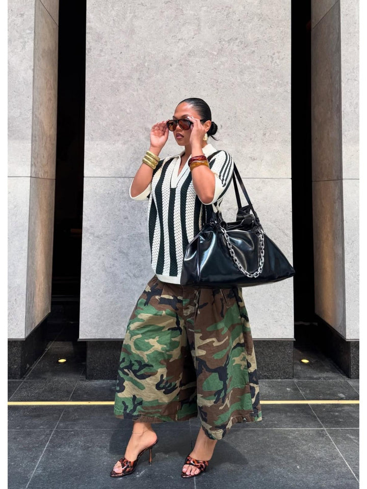 Stylish Camo Knit Wide Leg Cargo Pants for Women with Flap Pocket Utility Western Style